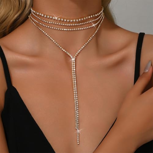Statement Layered Sparkly Crystal Choker Black Long Tassel Y Necklace for Women, Dainty Multilayer Silver Bling Rhinestone Necklaces Prom Jewelry Gift - color: Gold