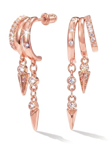 MUMREUES Gold Earrings for Women Trendy 14K Gold Plated Dangle Earrings Small Hoop Huggie Drop Stud Earrings Cubic Zirconia Simple Minimalist Dainty Chain Tassel Hypoallergenic Earrings - color: CZ Tassel & Rose Gold
