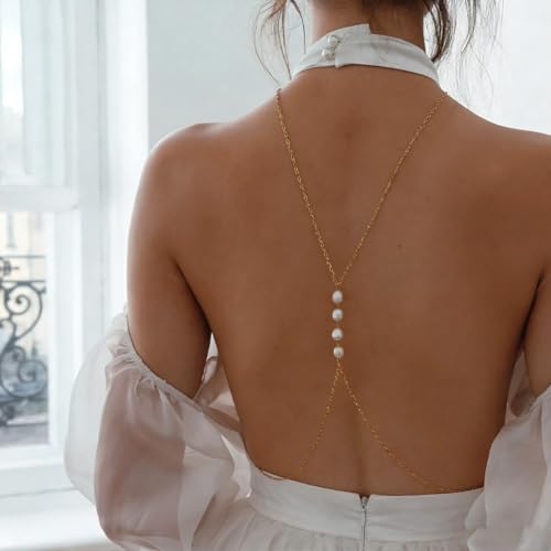 Rhinestone Back Chain Necklace for Women Bridal Wedding Sexy Rhinestone Backdrop Chain Waist Belly Chains Trendy Body Chains Jewelry - style: D-GoldB