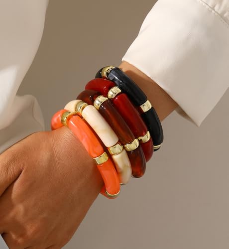 iF YOU 6pcs Chunky Acrylic Bangle Bracelets for Women, Resin Bamboo Brown Stretchy Bracelet Stack, Fashion Jewelry for Women - color: 5pcs-orange & red & brown bangles
