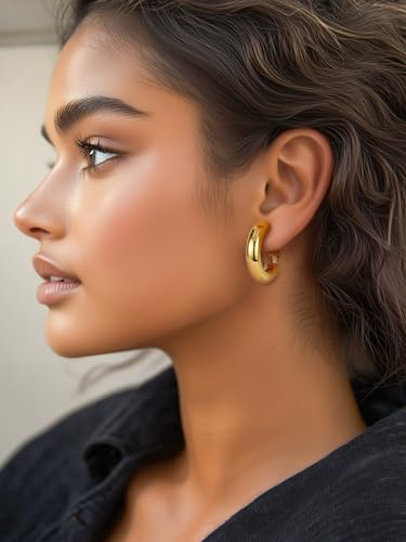 Stainless Steel Chunky Hoop Earrings For Women, Minimalist and Chic, Black/Gold Plated, Round Hoops Earrings Hypoallergenic, Size: 30mm/40mm/60mm/80mm, Come with Box - color: 1. Gold, size: 20MM