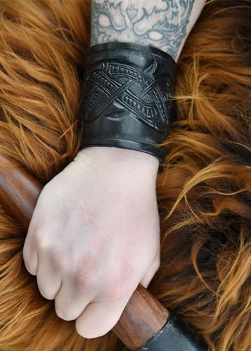 Ulfberth - Pair of Genuine Leather Bracers with Embossed Dragon Motif in Jelling Style - Viking Wristband - color: Black