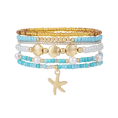 Shell Bracelet Seashell Boho Beaded Stretch Bracelets for Women Summer Beach Bracelets Starfish Charm Bracelet Stackable Gold Plated Bracelets Set for Women - color: f-blue