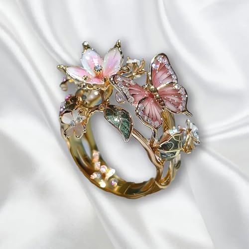 Butterfly Flower Ring for Women Enamel Flower Butterfly Finger Ring with Adjustable Opening Pink Ring Sparkling Fashion Flower Ring Christmas Birthday Party Prom Clothing Jewelry - color: Gold