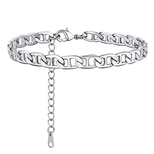 ChainsHouse Ankle Bracelets for Women, Stainless Steel Chain Anklets Waterproof, Women Summer Beach Jewelry Gift, Come with Box - color: 11. 6mm-Flat Marina-Steel