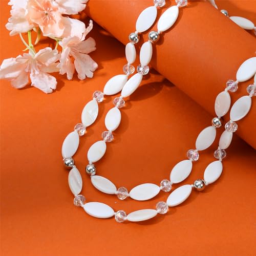 Long 48" Beaded Necklace for Women Boho Knot Strand Chunky Shell Crystal Beads Fashion Costume Jewelry for Gifts - color: White