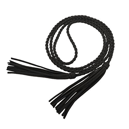 TeeYee Women Girls Braided Waist Tie Belt/Rope with Tassel Wrap Cloth Belts for Dress Pants - color: Black, size: 63inch