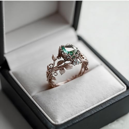 Green Emerald Leaf Wedding Ring Vintage Green Gemstone Leaf Rings