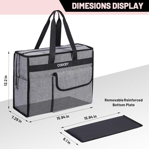Large Utility Tote Bag with Reinforced Bottom, Waterproof Multi Pockets Beach Tote Bag for Travel, Work, School - color: Grey
