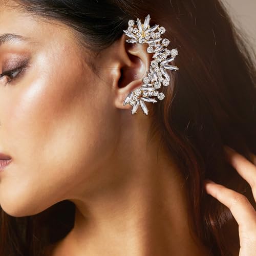 Rhinestone Silver Full Ear Cuff Earrings for Women Ear Clip Wrap Statement Climber Crawler Earrings for Women Hypoallergenic Silver Wedding Jewelry Gifts - color: Gold-Full