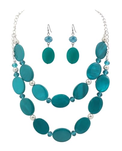 2 Layered Chunky Beaded Shell Necklace for Women Sea Shell blue/yellow/red/green/turquoise/teal/white Statement Necklace and Earring Set Elegant Women Necklace Set Jewelry Sets for Women - color: Teal Green