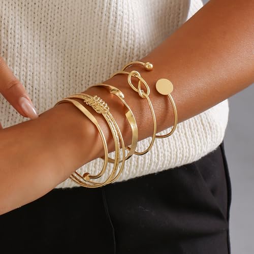 Gold Bangles for Women, 12 Pcs Boho Stackable Bracelets Multi Layer Textured Chunky Bracelets Jewelry Set for Women - color: 5 pcs gold bangles