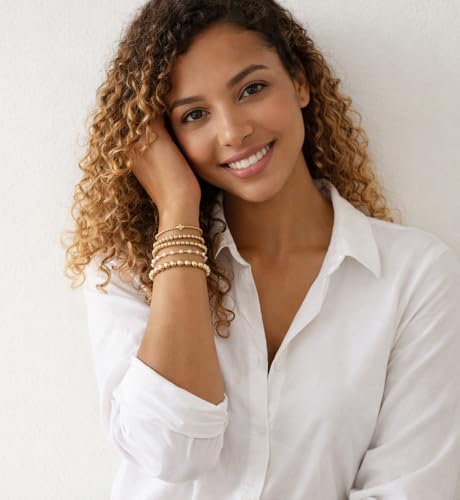 Gold Beaded Bracelets for Women, 14K Real Gold Plated Jewelry for Women Dainty Pearl Bead Bracelets Stack, Non Tarnish Trendy Stackable Ball Cross Stretch Bracelet Set Fashion Accessories Gifts - color: Gold cross bead