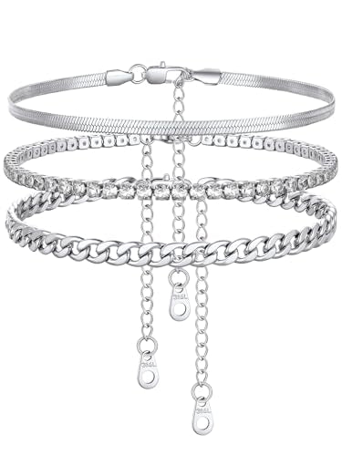 FindChic Black/Silver/Gold Plated Anklets Set of 2PCS/3PCS Herringbone Chain Cuban Link Heart Charm Sparkling Tennis Ankle Bracelets, Waterproof Summer Foot Jewelry for Beach - color: 06. Silver-3PCS Herringbone & Tennis & Cuban