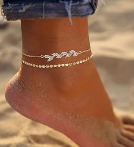 MIDEEO Gold/Silver Ankle Bracelets for Women,14K Gold Anklets for Women Waterproof Cuban Link Heart Beads Herringbone Rhinestone Anklets Set Layered Anklet Bracelets for Women Gold Jewelry Gift - style: 2Pcs Anklets A-Gold