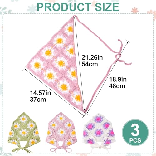 3 Pcs Daisy Crochet Bandana, Cute Bandanas for Women, Flowers Crochet Head Scarf, Floral Head Scarf for Women's hair Styling Decor (Green, Purple, Pink) - color: Green, Purple, Pink-style4