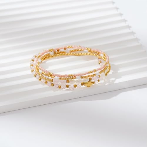Dainty Gold Plated Pearl Crystal Beaded Bracelets Set for Women 14K Gold Plated Bead Pearl Beads Bracelet Stackable Paperclip Link Chain Bracelets Gold Plated Bracelets for Women Trendy Jewelry - color: Style3-gold cross pcs