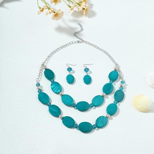 2 Layered Chunky Beaded Shell Necklace for Women Sea Shell blue/yellow/red/green/turquoise/teal/white Statement Necklace and Earring Set Elegant Women Necklace Set Jewelry Sets for Women - color: Teal Green