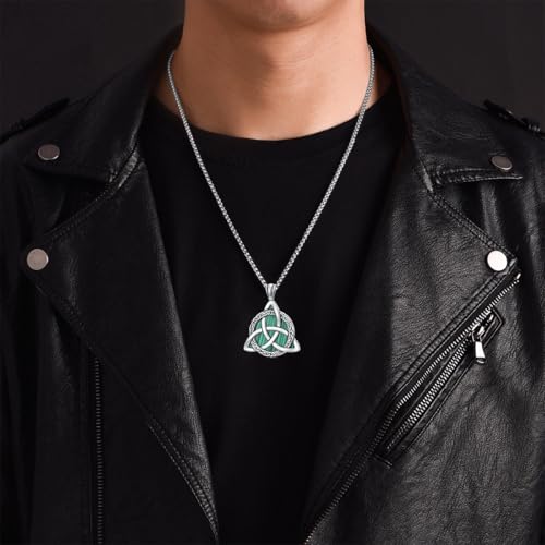 Celtic Necklace for men Sterling Silver Celtic Knot Triquetra Triangle Trinity Necklace Gift for Men - color: A-Green