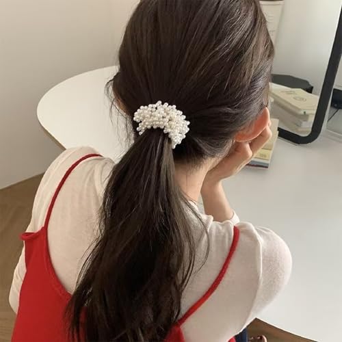 Pearl Hair Scrunchies, Elastic Hair Ties, Beaded Ponytail Holders for Women, Cream White, 2 Pack