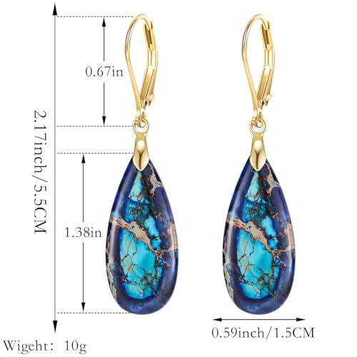 XGALBLA Boho Long Teardrop Stone Dangle Drop Earrings for Women Natural Healing Stone Leverback Earrings Statement Gold Tone - color: lighe and Deep Blue- Golden Leverback