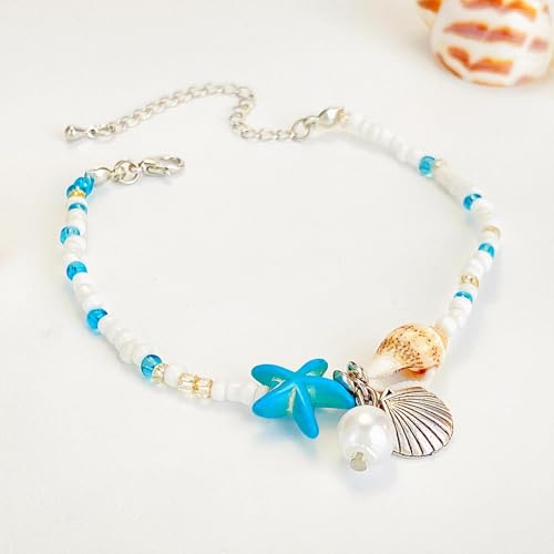 Ankle Bracelet for Women Beach Puka Shell Anklet Waterproof Starfish Seashell Pearl Anklets Stretch Beaded Ankle Bracelets Boho Beach Anklet Jewelry for Summer Beach Party - color: Blue