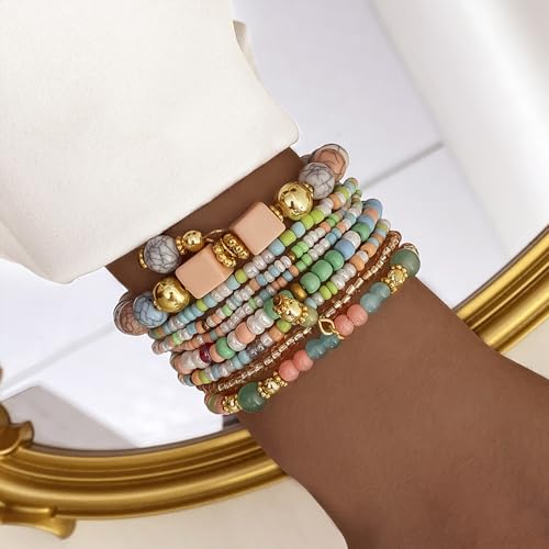 IFKM 8PCS Beaded Bracelets for Women, Multilayered Stackable Strand Stretch Bead Bracelet Pack Handmade Trendy Bohemian Charm Jewelry - color: Colorful