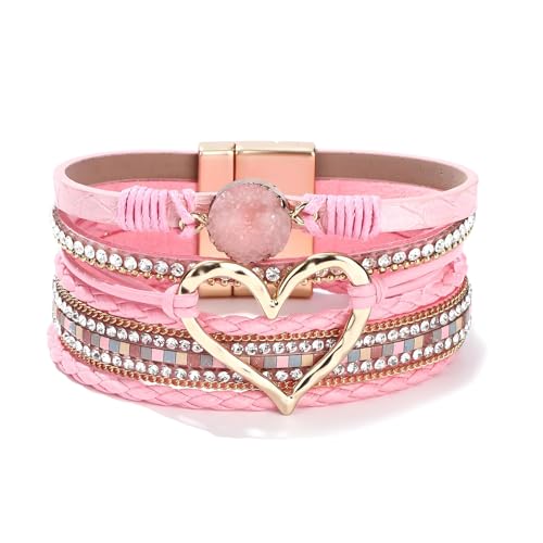 Long tiantian Leather Bracelets for Women Warp Bracelet Stackable Boho Layered Bracelet Chunky Heart Trendy Birthday Gifts for Her - color: B32:Boho Bracelets for Women Stackable(Pink)