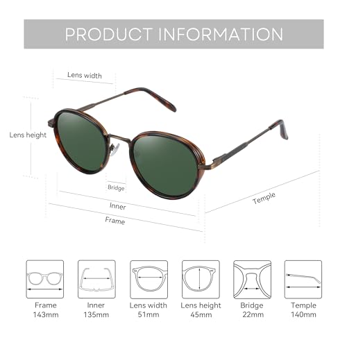 ZENOTTIC Retro Round Polarized Steampunk Sunglasses for Men Women-Circle Vintage Design Metal Frame UV400 Shades - color: C02 Tortoise Frame Green Lens