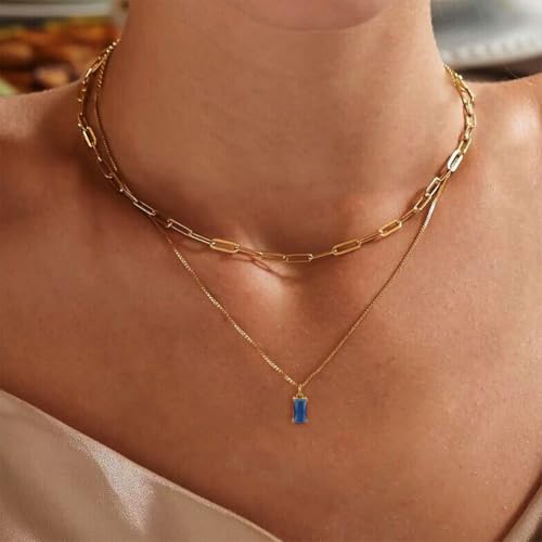 Dainty Gold Charm Necklaces for Women Non Tarnish, 14K Trendy Blue Green Cubic Zirconia Emerald Pendant Birthstone Necklaces Birthday Gifts for Women Waterproof Jewelry - color: 09-September(Sapphire)