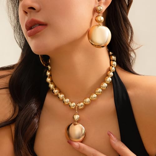 Gold Jewelry Set Chunky Gold Necklace Earring Set for Women Boho Oval Acrylic Earring Necklace Western Adjustable Choker Necklaces Bohemian Jewelry Set For Women - color: Gold Ball