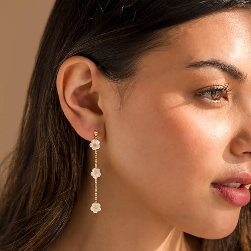 Moodear Dainty Pearl Dangle Earrings for Women - Trendy 14K Gold Plated Pearl Hypoallergenic Drop Earring Wedding Jewelry Gift - style: flower drop earrings