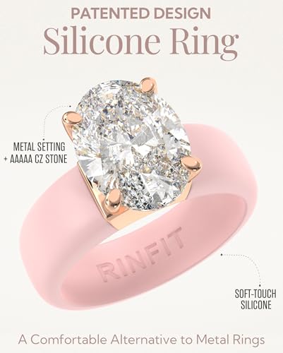 Rinfit Silicone Ring with Stone - Oval Cut Cubic Zirconia Solitaire Engagement Ring for Women - Rubber Wedding Bands - Patented Design - color: Pack C: Pink / Rose Gold