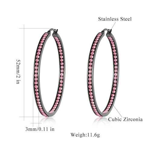 CiNily Mult-colors Crystal Stainless Steel Hoop Earring for Women Hypoallergenic Jewelry for Sensitive Ears Large Big Hoop Earrings 2" - color: Black&Pink