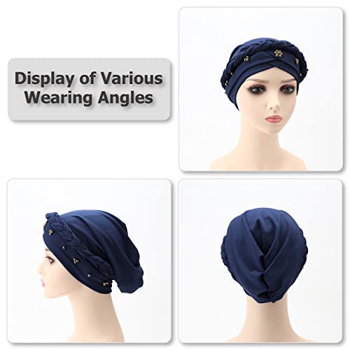African Women Turban Caps Pre-Tied Twisted Turbans Head Scarf for Women Hair Wraps Cover Beanie Cancer Chemo Headwear - color: 1 Pack Twisted Braid: Gold Bead Navy