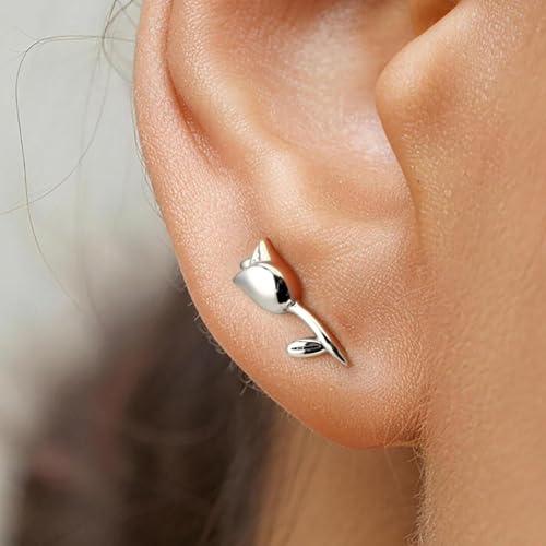 Silver Ear Cuff Earrings for Women, Tulip Non Pierced Fishhook Earrings, Clip On Earrings, Small Dainty Wrap Cartilage Earrings, Floral Ear Cuffs Jewelry for Gift