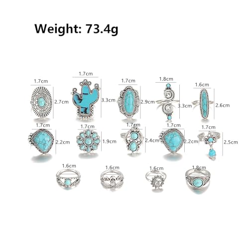 Boho Turquoise Ring for Women Silver Western Stackable Knuckle Rings Vintage Cactus Flower Midi Finger Ring Statement Jewelry Gifts - color: 14
