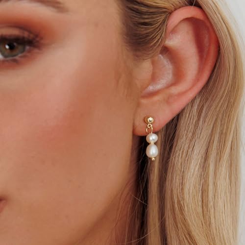Pearl Earrings for Women, Dainty Wedding Bridal Earrings 14k Gold Plated CZ Pearl Drop Earrings for Women Trendy Hypoallergenic Unique Gold Drop Earrings Fashion Prom Jewelry - color: Gold-F