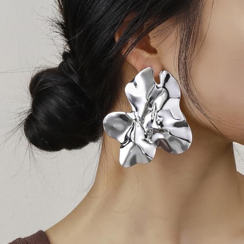 Statement Chunky Gold Large Silver Earrings for Women Trendy, Big Irregular Geometric Dainty Liquid Metal Stud Earrings Simple Prom Party Jewelry Gift - color: Silver -Large