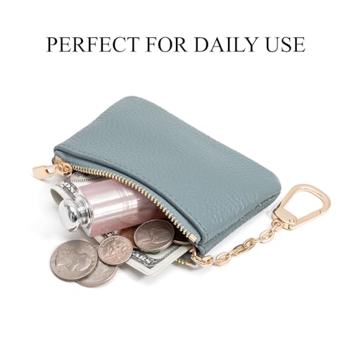 Full Grain Leather Coin Purse with Key Chain - Small Change Purse Keychain Card Holder Keychain Pouch Small Keychain Wallet for Women and Men (Powder Blue) - color: Powder Blue, Regular Size