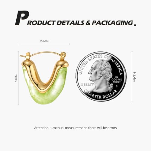 Fullpop Vintage Earrings for Women, Chunky 14K Gold Plated Resin Hoop Earrings Lightweight Hollow Drop Earrings Hypoallergenic Earrings for Women Vintage Anthropologie Jewelry Gifts for Women - size: V Shape Green