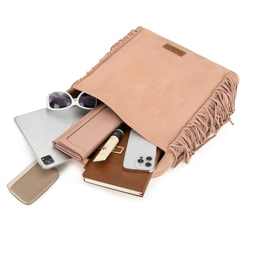 Wrangler Fringe Suede Hobo Bag for Women Leather Western Fringe Purse Tassel Hippie Shoulder Bag - color: Dark Pink