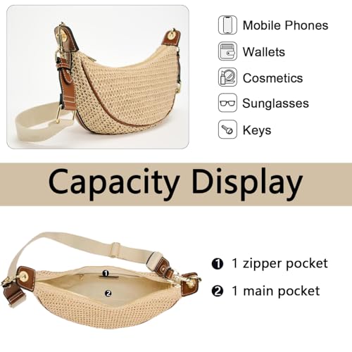 Straw Crossbody Bags for Women Crescent Woven Shoulder Handbag Summer Beach Hobo Purses with Adjustable Strap - color: Khaki