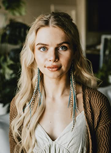 Feather Headz Bohemian handmade long lightweight feather dangle earrings for women - color: Natural & Turquoise