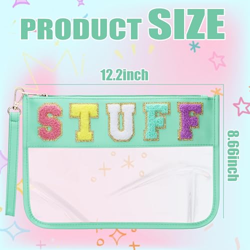BuyCard Clear Stuff Bag for Travel, Preppy Chenille Letter Embroidered Zipper Pouch, Waterproof PVC & PU Leather Clear Cosmetic Bag, Toiletry Makeup Bag for Women Girls Mint Green - color: Green-Stuff