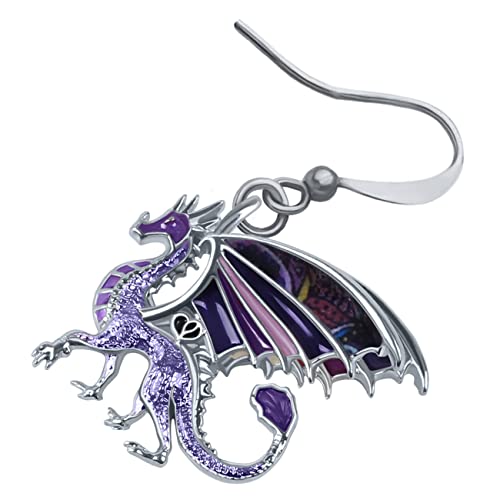 Enamel Alloy Dinosaur Fantasy Dragon Earrings Drop Dangle Unique Animal Jewelry For Women Dragons Gifts - color: Orchid Purple