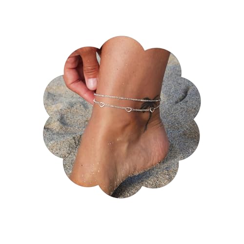 FindChic Black/Silver/Gold Plated Anklets Set of 2PCS/3PCS Herringbone Chain Cuban Link Heart Charm Sparkling Tennis Ankle Bracelets, Waterproof Summer Foot Jewelry for Beach - color: 07. Silver-Layered Heart Charm