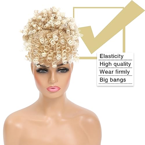 Drawstring Ponytail with Bangs Afro Puff Ponytail Extensions for Women Short Curly Puff Ponytail with Bangs Clip in Wrap Updo Hairpiece for Women (T27/613) - color: T27/613