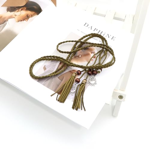 Women's Waist Belts Woven Tassels Chain Belt Skinny Rope Belt for Skirt Dress Boho Style - color: Green