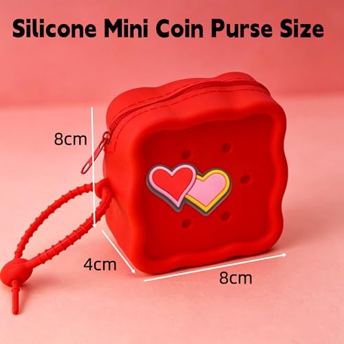 Soft Silicone Zipper Coin Purse Lovely Cartoon Hole Design Miniature Wallet Children's Storage Pouches Organizers For Kid with 25pcs DIY Charms (Red) - color: Red